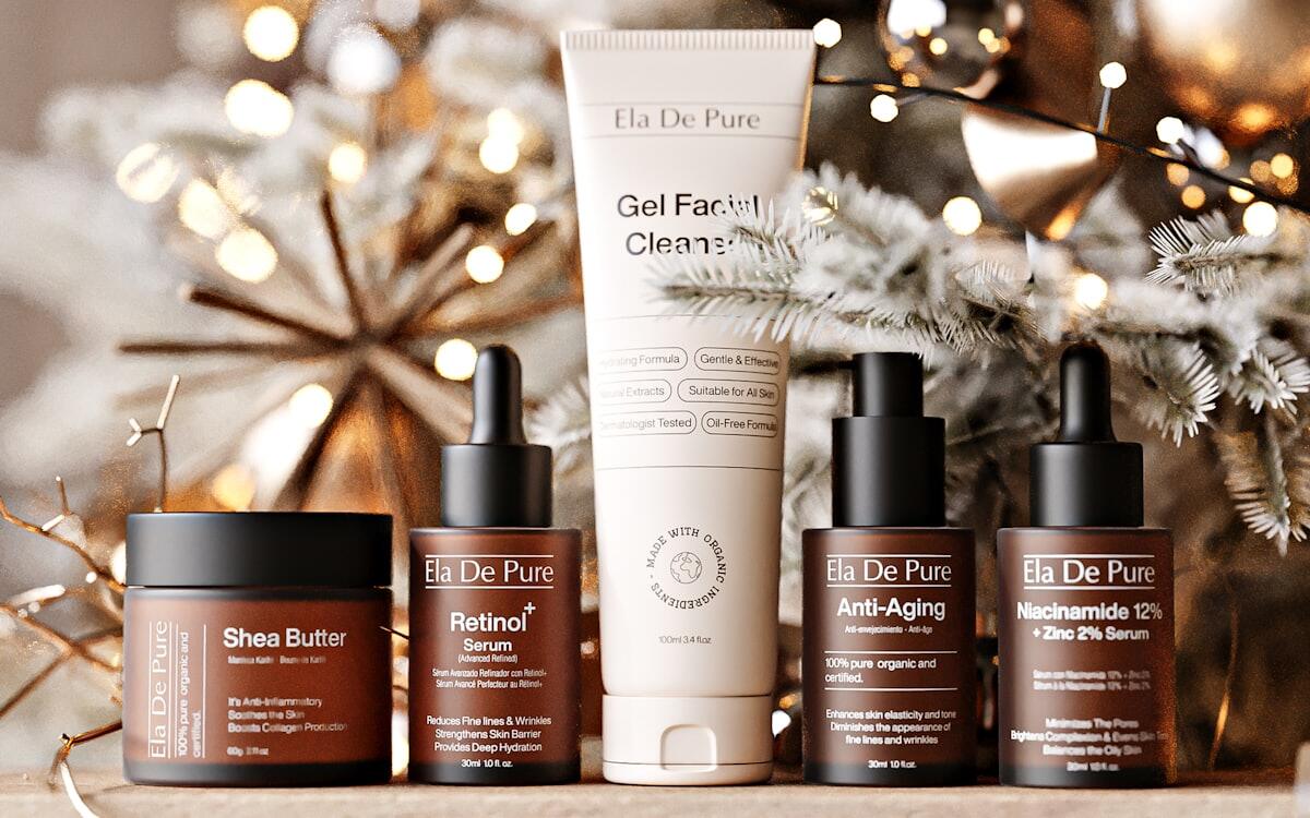 Holiday gift sets and care products on a festive display