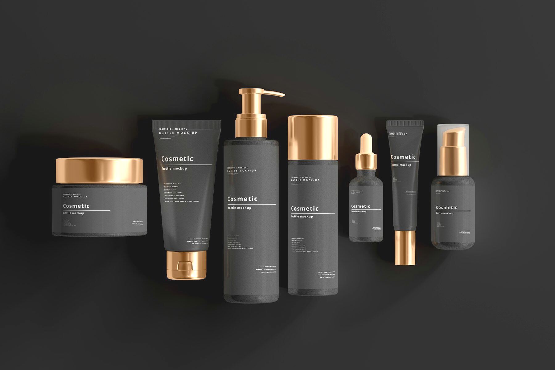 Professional hair care bottles and jars lined up on a dark back-bar surface
