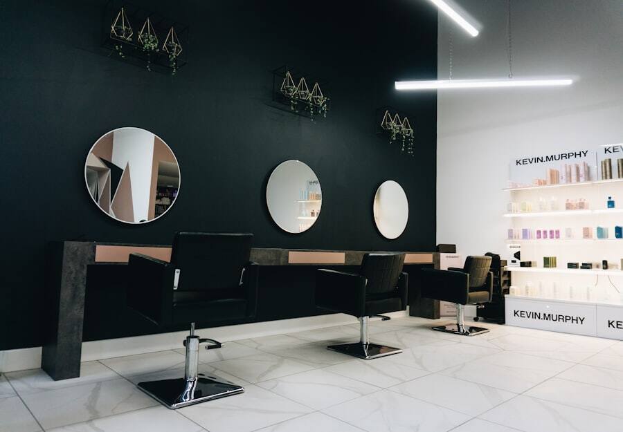 Interior of a modern hair salon with mirrors and styling stations